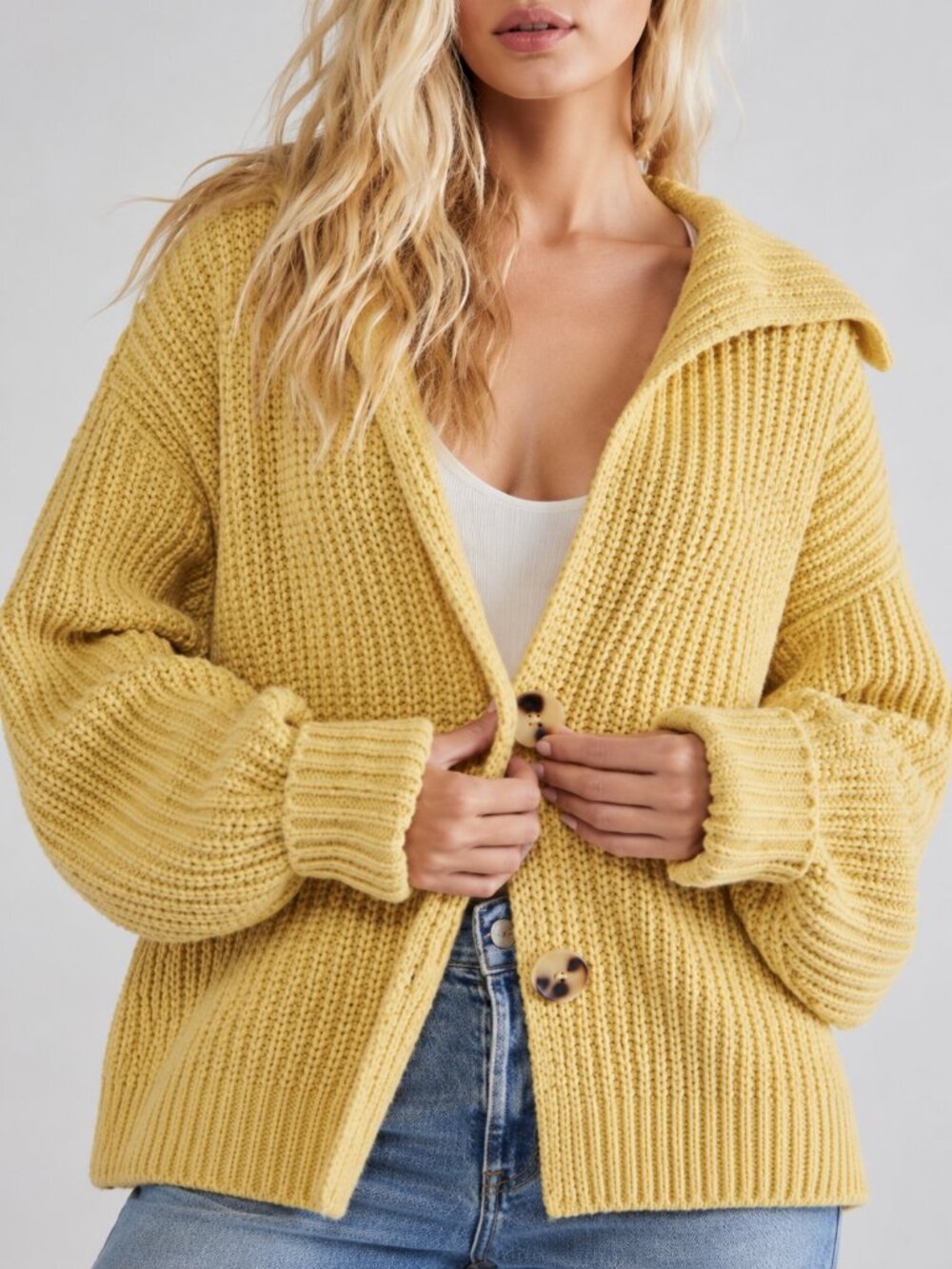 Free People Swim Too Deep Cardigan XS Yellow Chunky Knit Button Front Sweater